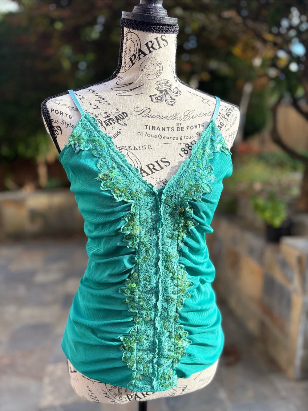 Mermaidcore Embellished Teal Lace-Trim Camisole with Sequin Detail